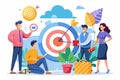 A group of professionals collaborates on business goals, analyzing targets and sharing ideas, Business target collaboration, flat Royalty Free Stock Photo