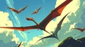 A group of pterodactyls soaring overhead searching for smaller prey to swoop down and capture