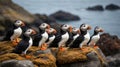 Atlantic Puffins Gathering on Rocky Coastline of Iceland in Summer Season Royalty Free Stock Photo