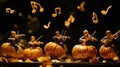 Group of pumpkin musicians playing miniature instruments, musical notes floating in air Royalty Free Stock Photo