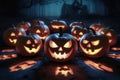 A group of pumpkins with faces carved into them are lit up, AI Royalty Free Stock Photo