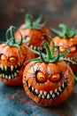 A group of pumpkins with scary faces painted on them. Generative AI Royalty Free Stock Photo