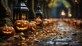 A group of pumpkins on a sidewalk