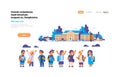 Group pupils children over school building exterior primary happy schoolchildren concept flat horizontal copy space