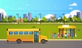 Group pupils children waiting yellow school bus station transport concept on cityscape background flat horizontal