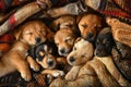 Group of Puppies Sleeping Under a Blanket. Generative AI