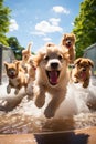 A group of puppies playing together in a park.