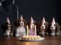 A group of puppy dog wearing party hat with a birthday cake at home blow candles, generative AI