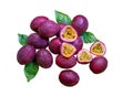 A group of purple skin passionfruit plant, sliced and round fruits isolated on white background, die cut with clipping path