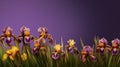 A group of purple and yellow irises against a purple background. Generative AI image. Copy space.