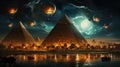 A group of pyramids that are floating in the sky. Generative AI image.