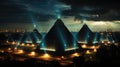 A group of pyramids lit up at night. Generative AI image.