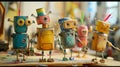 Group of quirky robots in a playful workshop setting