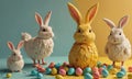 A group of rabbits are standing in front of a table with eggs and candy on it.