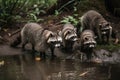 Group Of Raccoons Hunting For Food Near A Stream. Generative AI