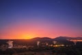 Group of radio telescopes at sunset