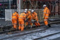 Group of railway workers working on a level crossing in Bamber Bridge, Preston Royalty Free Stock Photo