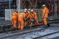 Group of railway workers working on a level crossing in Bamber Bridge, Preston