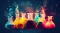 A group of rainbow colored flasks in front of a smokey dark background, scientific watercolor background. AI generative