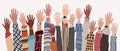 Group of raised arms and hands of multicultural colleagues or friends.Collaboration between teamwork or community of people Royalty Free Stock Photo