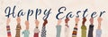 Group of raised arms of multicultural men and women people holding letters in hand forming the text -Happy Easter- Drawing graphic