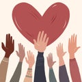 Poster with volunteer people with raised hands and background with red heart shape. Charity