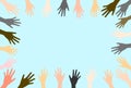 Group raised human arms and hands.Diversity multiethnic people. Racial equality. Men and women of different culture and countries