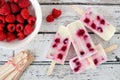 Group of raspberry vanilla popsicles on rustic white wood