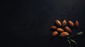 Group of raw peeled almonds on dark background. Generative AI