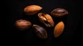 Group of raw peeled almonds on dark background. Generative AI