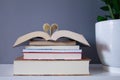 Group of reading books forming a tower an the top one ope in the middle where two of its leaves form a heart Royalty Free Stock Photo