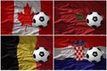 Group . realistic football balls with national flags of belgium, canada, morocco, croatia, ,soccer teams