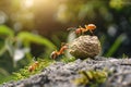 Group of red ants carrying food, teamwork and cooperation concept Royalty Free Stock Photo