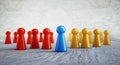 Group of red blue and yellow pawns - 3D illustration