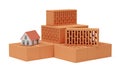 Group of red brick stones with miniature model house on white background, construction, building trade or masonry industry concept