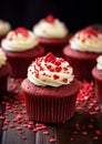 a group of red cupcakes with white frosting and hearts