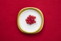 Group of red currants placed on a golden dish with red