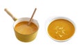 Group of red curry in enamel pot and cup on white background