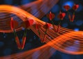 Group of red darts flying in the space via background with bokeh lights and wavy smoke shapes. 3d illustration