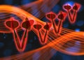 Group of red glowing darts flying in the space via background with bokeh lights and wavy smoke shapes. 3d illustration