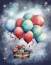 A group of red, green and blue balloons lifting a basket with a christmas gift