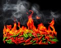 Group of Red Hot chili pepper on fire and smoke Royalty Free Stock Photo