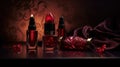 a group of red lipstick bottles sitting on top of a table