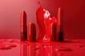 a group of red lipsticks sitting on top of a puddle of water on a red surface with drops of water on the floor and a red