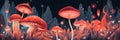 A group of red mushrooms sitting on top of a lush green field. Generative AI image. Royalty Free Stock Photo