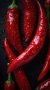 a group of red peppers with water droplets on them on a black surface with drops of water on the caps of the chilis and the Royalty Free Stock Photo