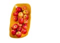 The group of Red pink lady apple Cripps Pink on a brown wooden tray, isolated on white background.