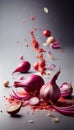 Group of Red Shallot Vegetable Creatively Falling-Dripping Flying or Splashing on Black Background Generative AI