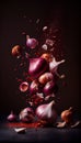 Group of Red Shallot Vegetable Creatively Falling-Dripping Flying or Splashing on Black Background Generative AI