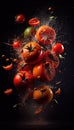 Group of Red Tomatoes Vegetable Creatively Falling-Dripping Flying or Splashing on Black Background AI Generative Royalty Free Stock Photo